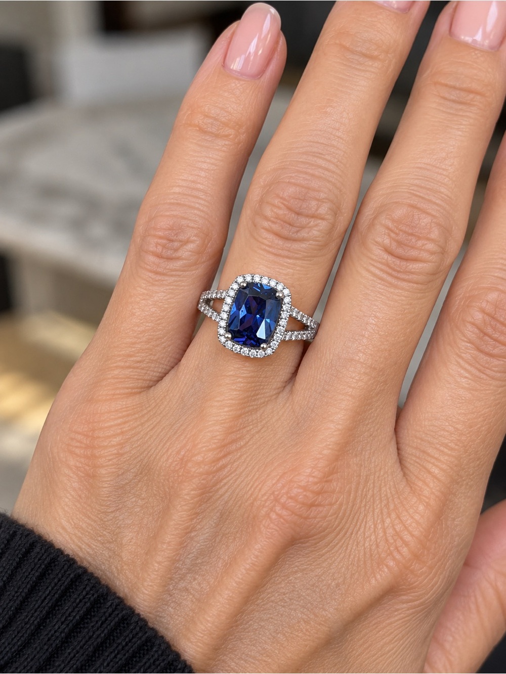 Michael Hill Sterling Silver Created Sapphire Halo Split Shank Ring
